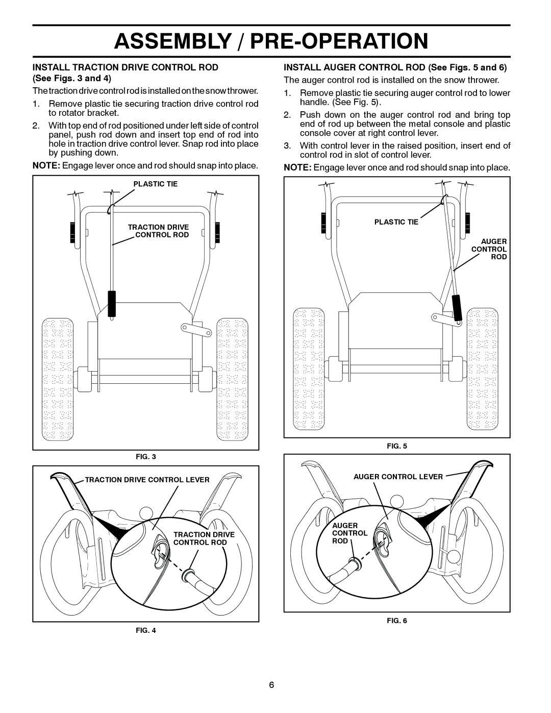 Husqvarna 12530HV warranty Install Traction Drive Control ROD See Figs, Install Auger Control ROD See Figs 