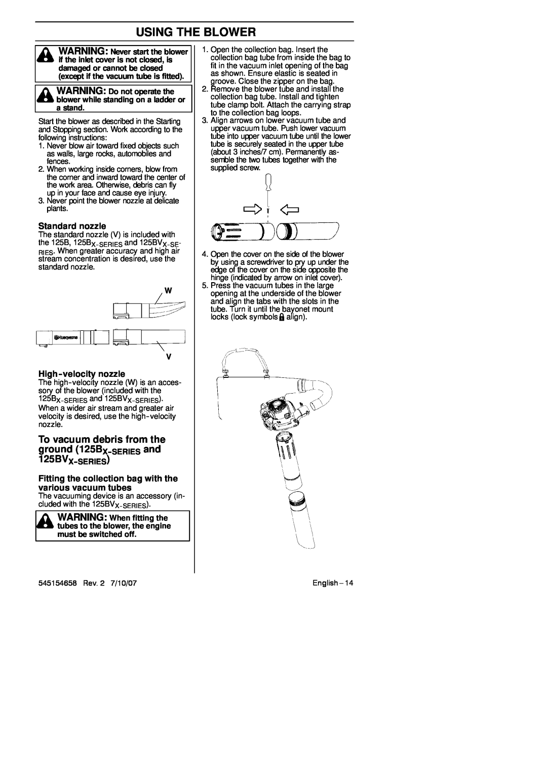 Husqvarna manual To vacuum debris from the ground 125BX-SERIES and, Standard nozzle, High-velocity nozzle, 125BVX-SERIES 