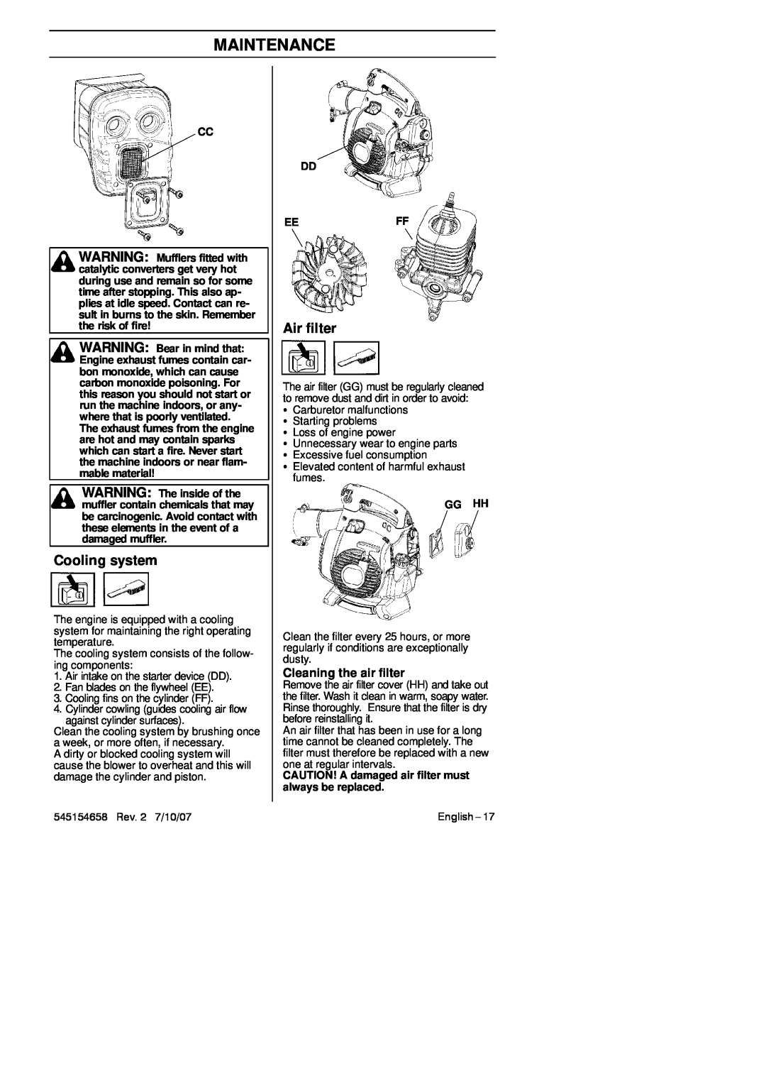 Husqvarna 125BVX Series manual Cooling system, Air filter, Cleaning the air filter, Dd Eeff, Gg Hh, Maintenance 