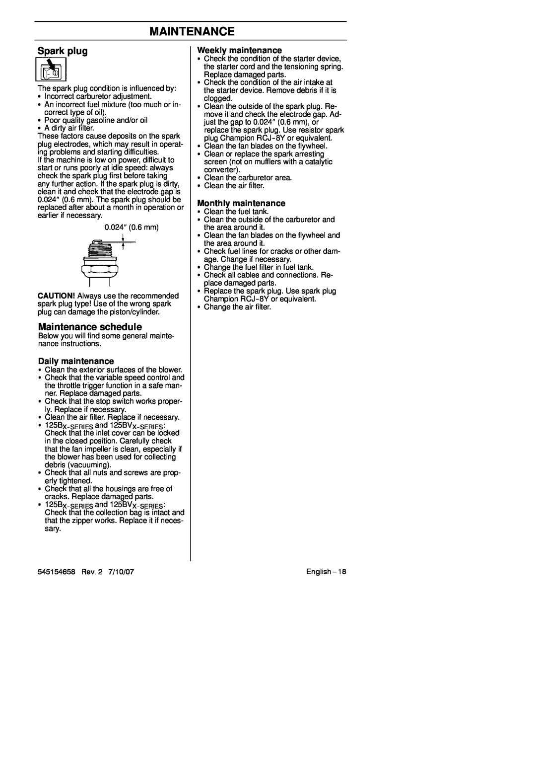 Husqvarna 125BVX Series Spark plug, Maintenance schedule, Daily maintenance, Weekly maintenance, Monthly maintenance 