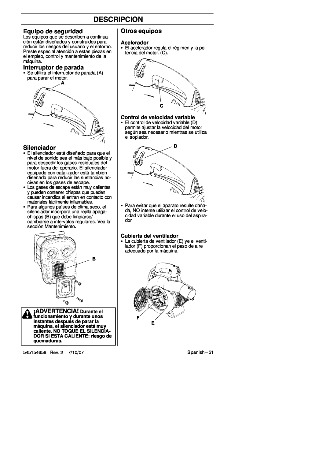 Husqvarna 125B manual Equipo de seguridad, Interruptor de parada, ¡ADVERTENCIA! Durante el, Otros equipos, Acelerador 