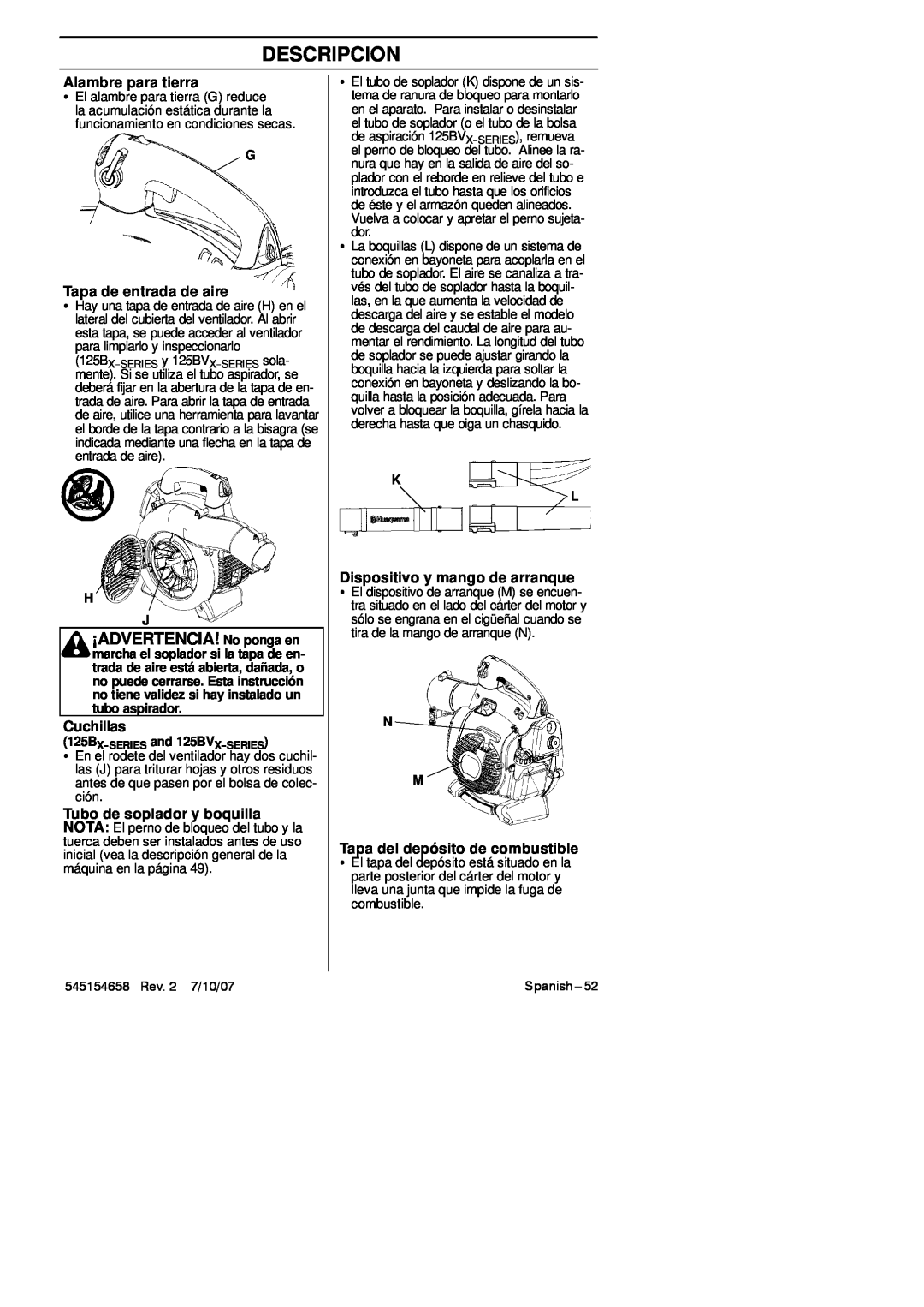 Husqvarna 125BVX Series ¡ADVERTENCIA! No ponga en, Alambre para tierra, Tapa de entrada de aire, Cuchillas, Descripcion 