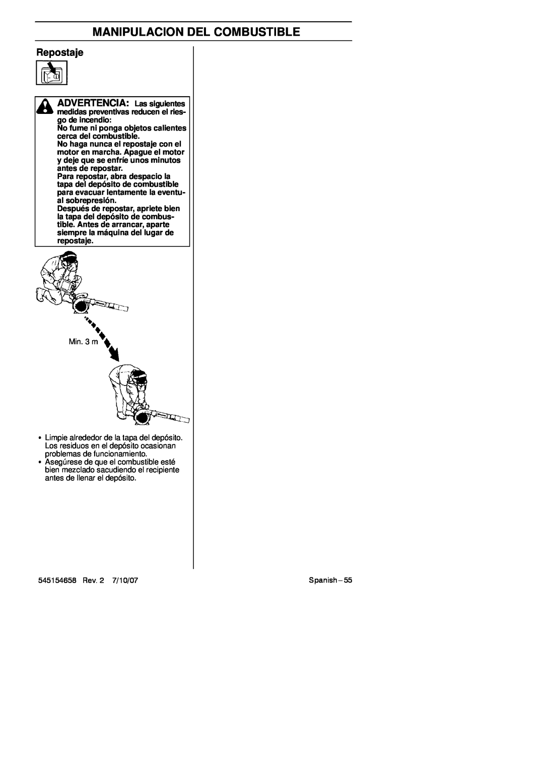 Husqvarna 125B manual Repostaje, No fume ni ponga objetos calientes cerca del combustible, Manipulacion Del Combustible 