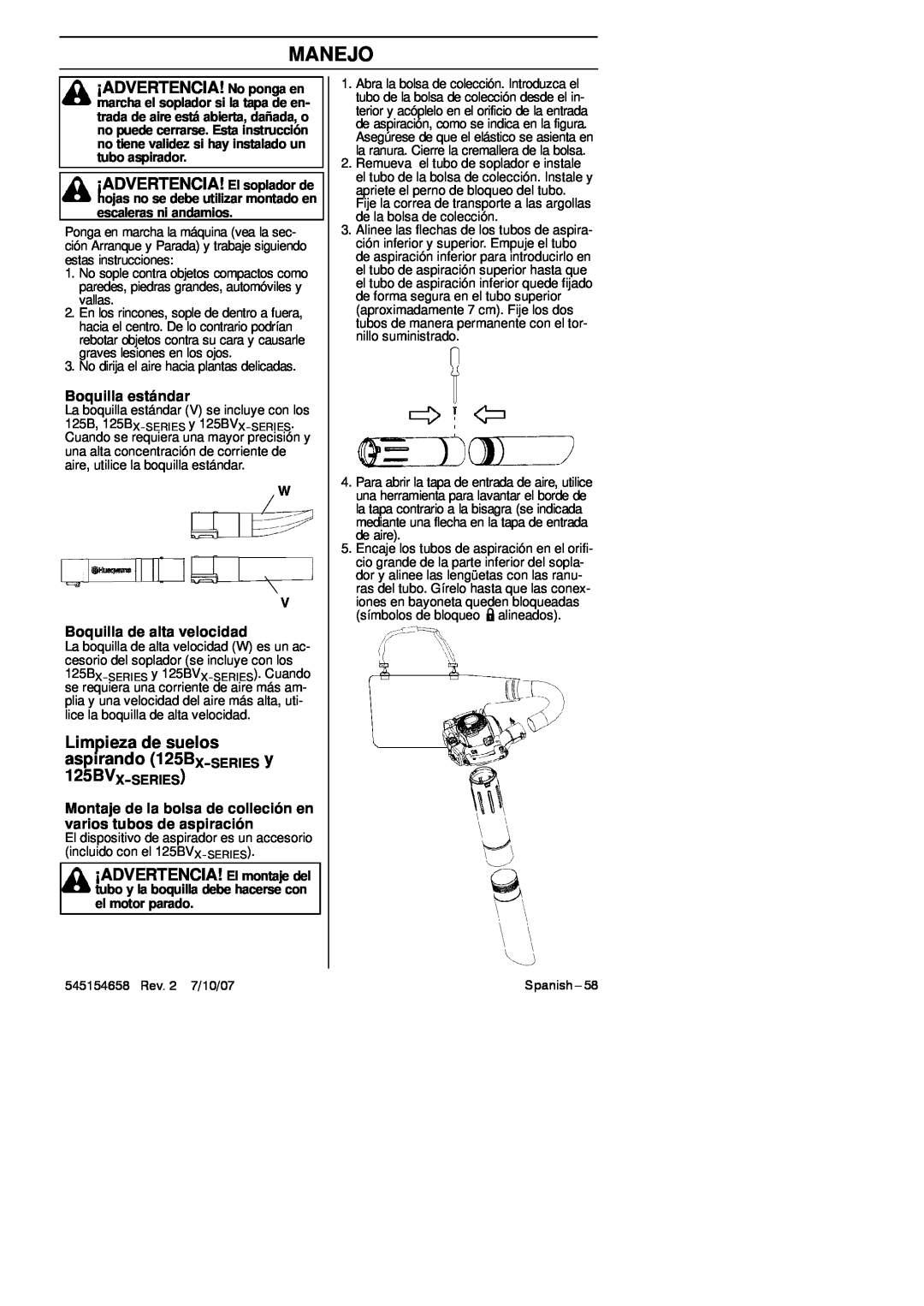 Husqvarna 125BVX Series manual ¡ADVERTENCIA! El soplador de, Limpieza de suelos aspirando 125BX-SERIES y, Boquilla estándar 