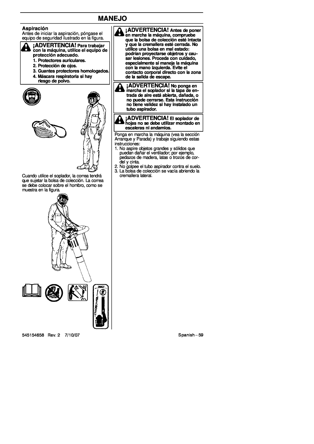 Husqvarna 125B manual ¡ADVERTENCIA! Antes de poner, Aspiración, hojas no se debe utilizar montado en escaleras ni andamios 