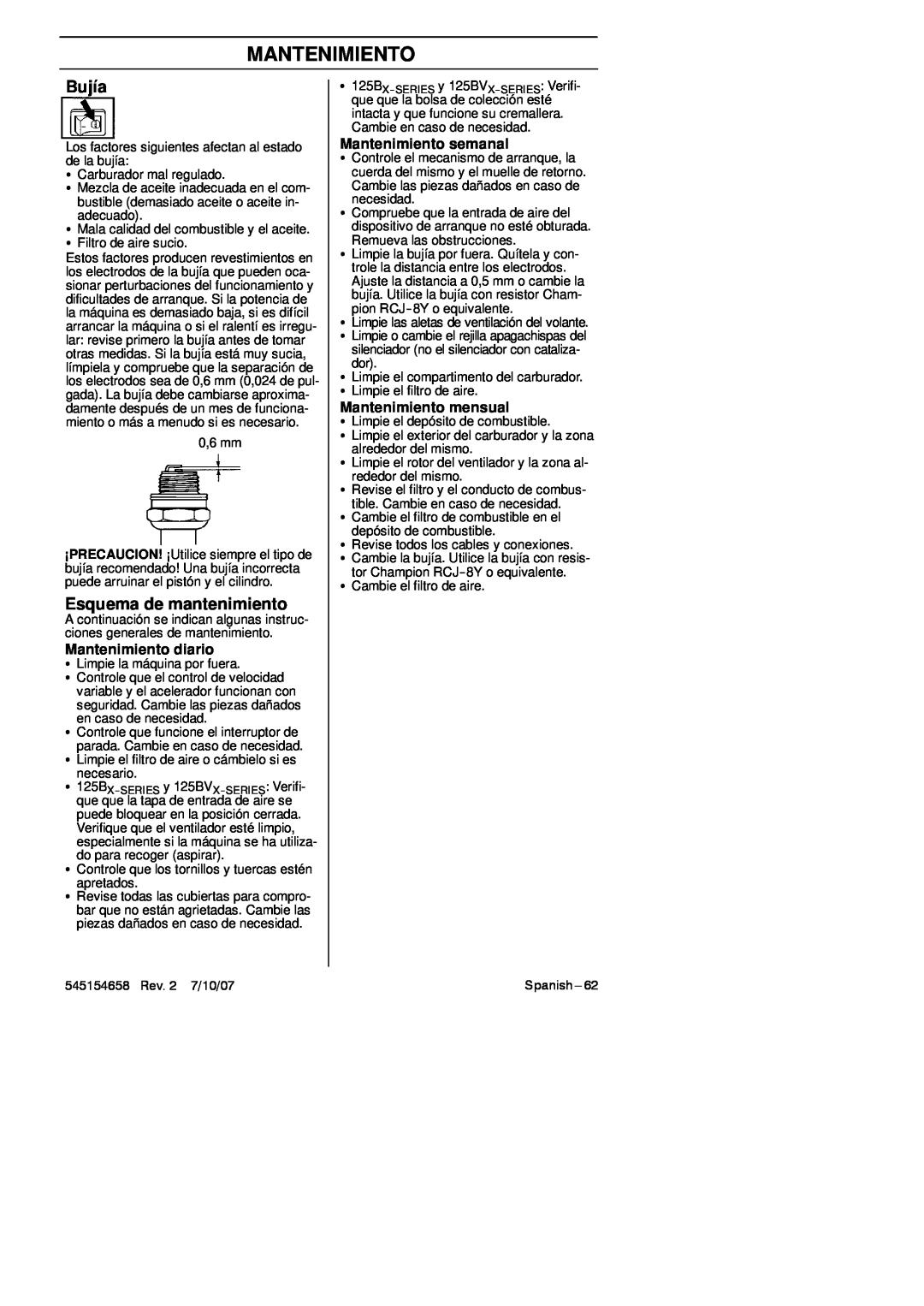 Husqvarna 125BVX Series manual Bujía, Esquema de mantenimiento, Mantenimiento diario, Mantenimiento semanal 