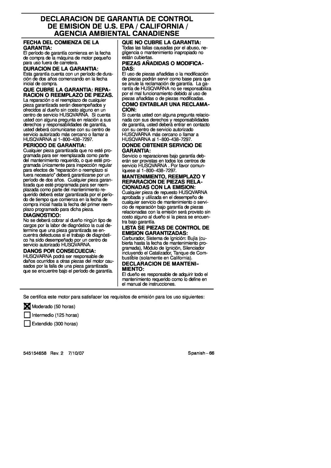 Husqvarna 125BVX Series manual Fecha Del Comienza De La Garantia, Duracion De La Garantia, Periodo De Garantia, Diagnostico 