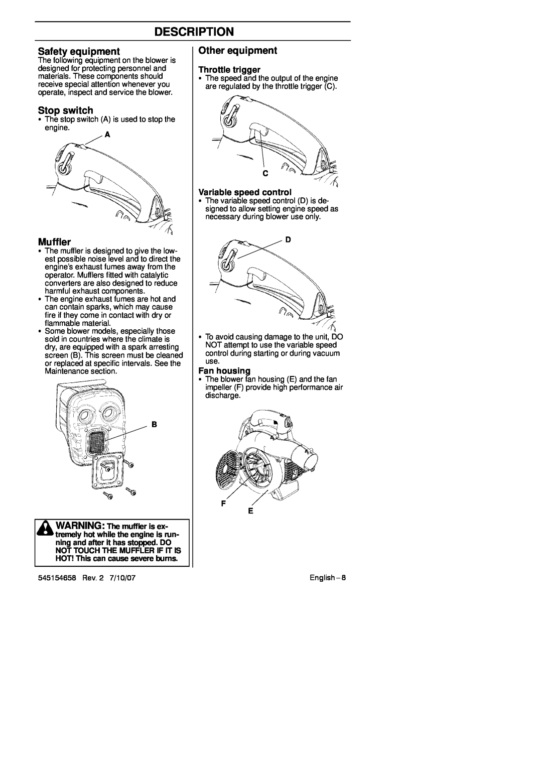 Husqvarna 125B Stop switch, Other equipment, Throttle trigger, Variable speed control, Fan housing, Description, Muffler 