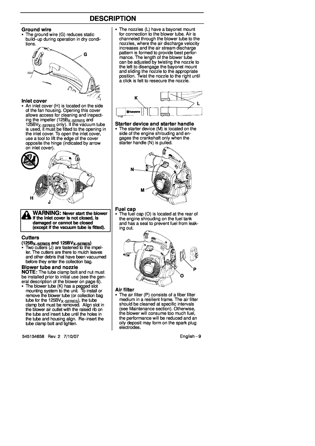 Husqvarna 125BVX Series manual Ground wire, Inlet cover, Cutters, Blower tube and nozzle, Starter device and starter handle 