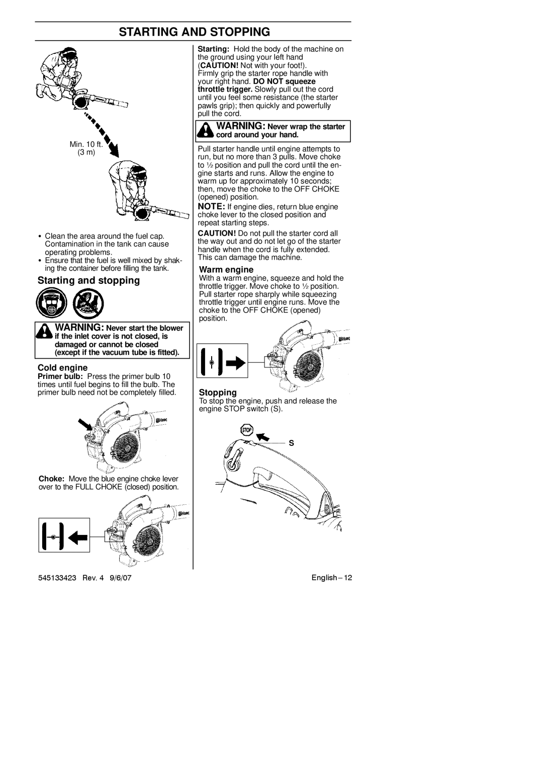 Husqvarna 125B, 125BX-Series, 125BVX-Series manual Starting and Stopping, Starting and stopping, Cold engine, Warm engine 