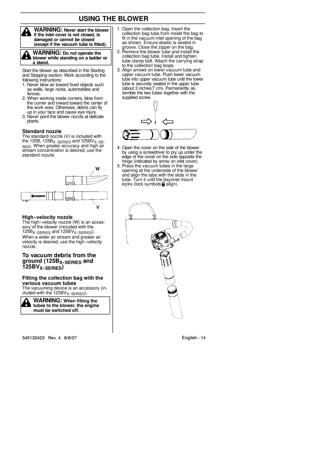 Husqvarna 125B, 125BX-Series, 125BVX-Series manual To vacuum debris from the ground 125BX-SERIESand, Standard nozzle 