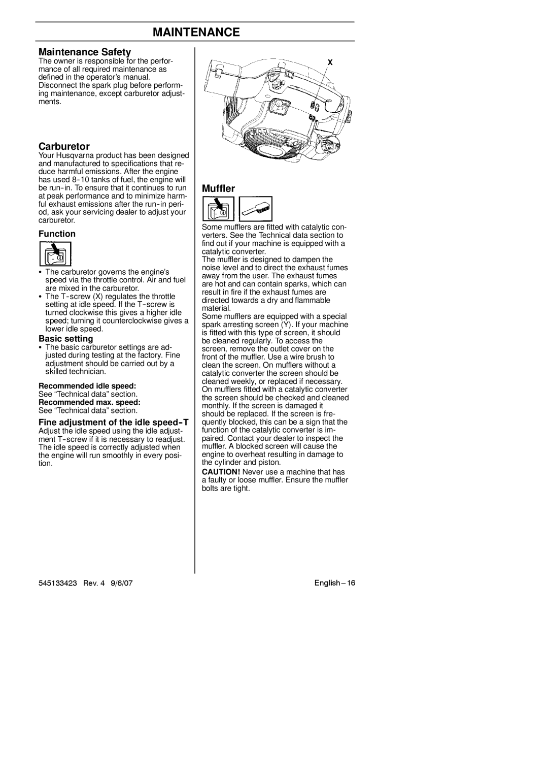 Husqvarna 125B, 125BX-Series, 125BVX-Series manual Maintenance Safety, Carburetor 