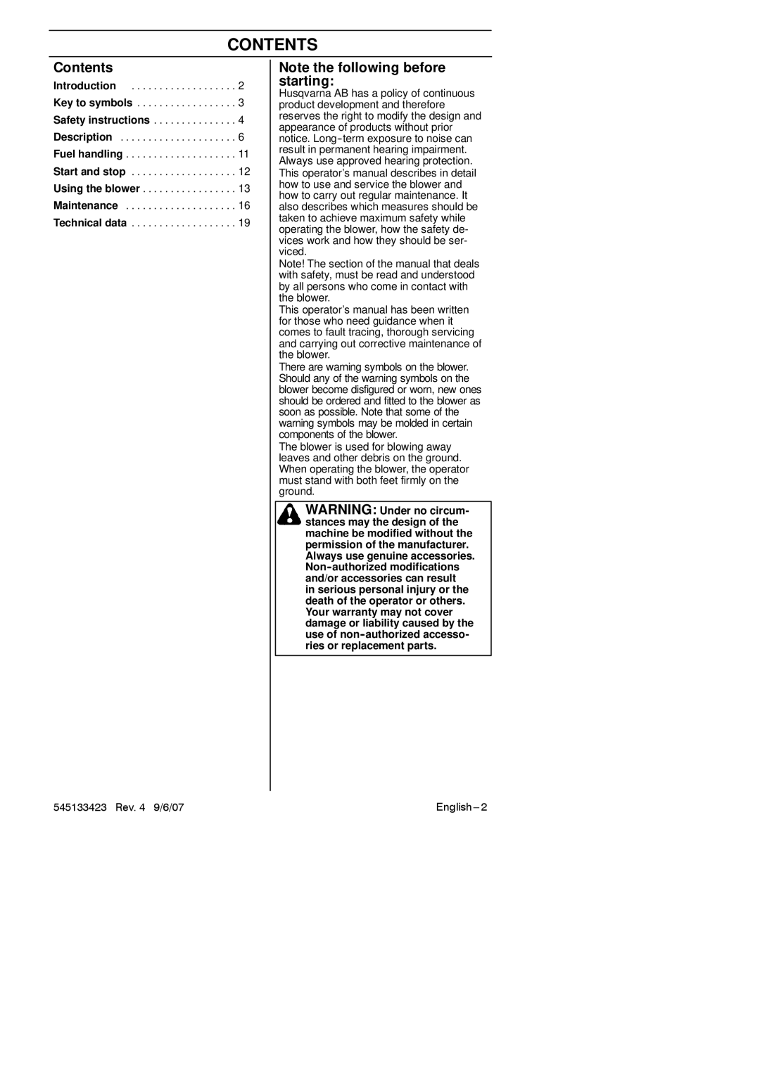 Husqvarna 125B, 125BX-Series, 125BVX-Series manual Contents 