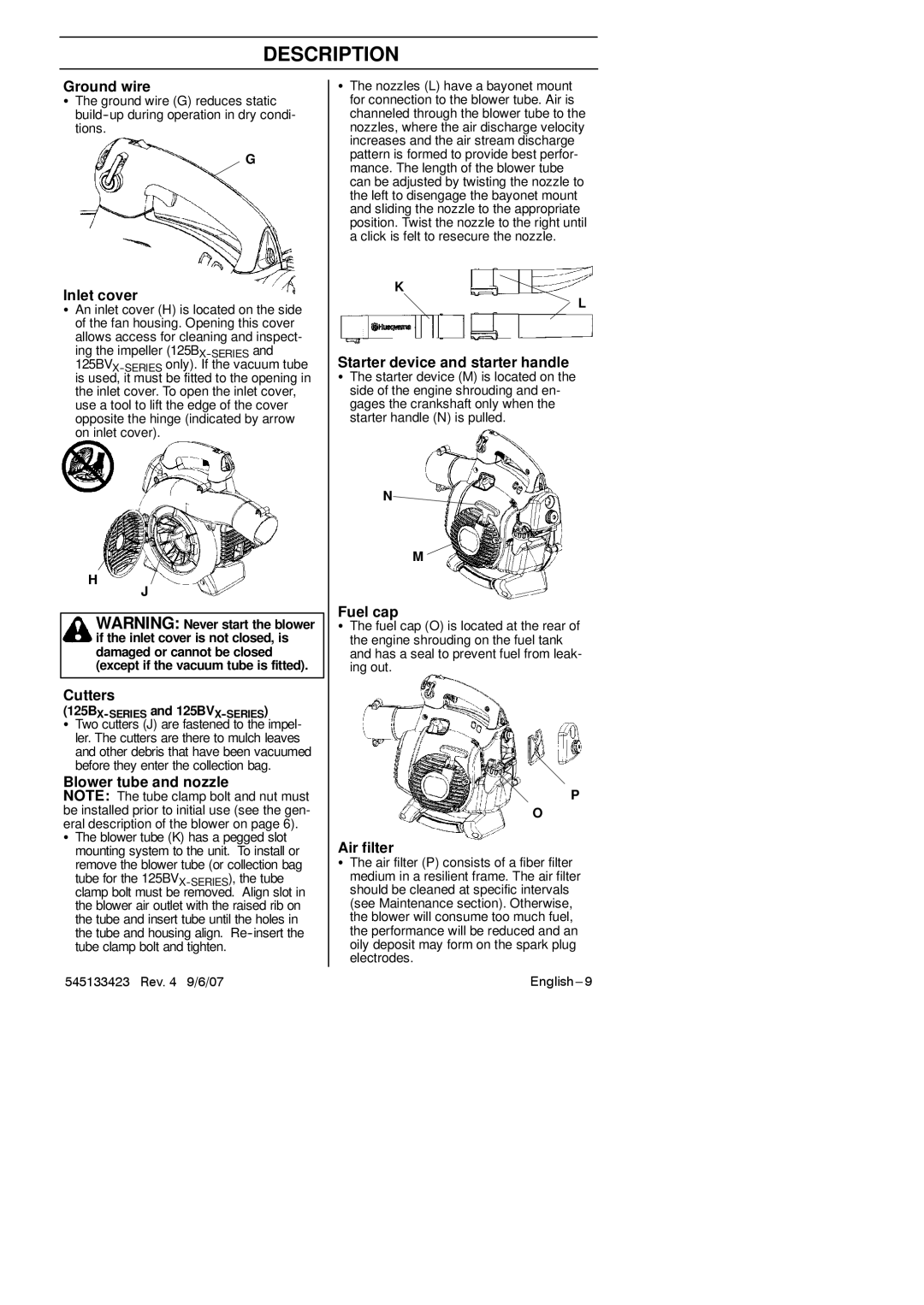 Husqvarna 125B, 125BX-Series, 125BVX-Series manual Ground wire, Inlet cover, Cutters, Blower tube and nozzle, Fuel cap 