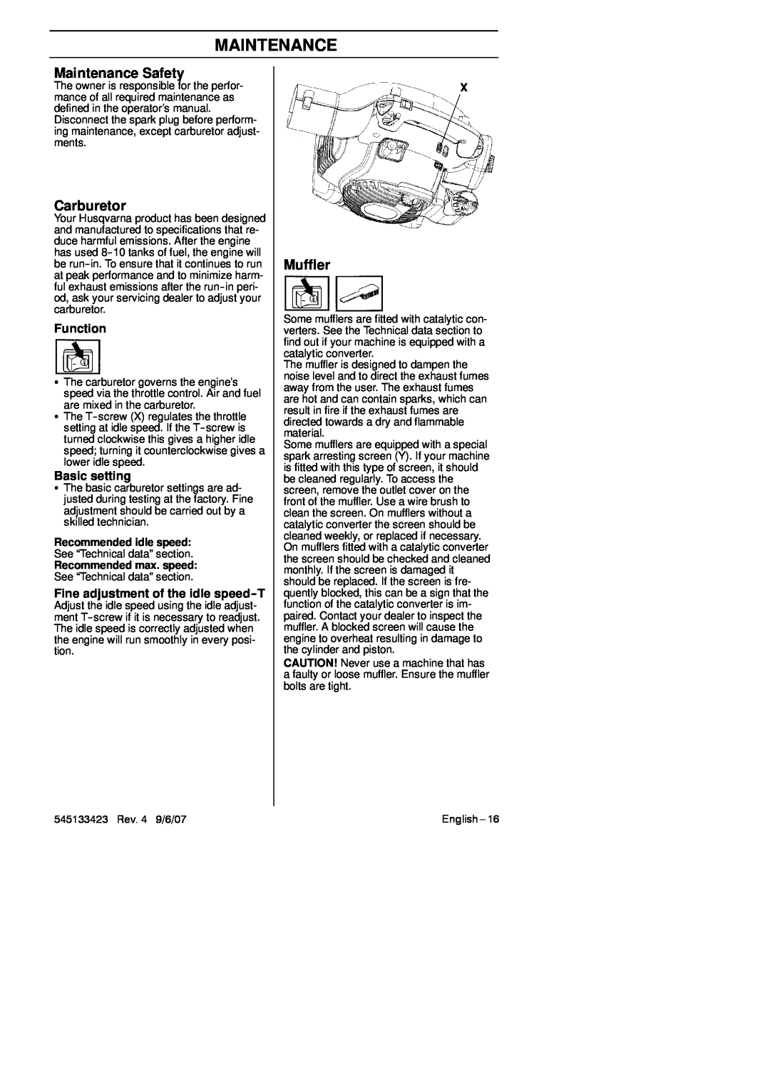 Husqvarna 125B, 125BX-Series, 125BVX-Series manual Maintenance Safety, Carburetor, Function, Basic setting, Muffler 