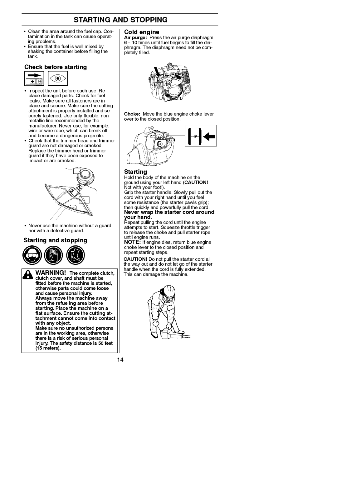 Husqvarna 125C, 125L manual Starting and Stopping, Check before starting, Starting and stopping, Cold engine 