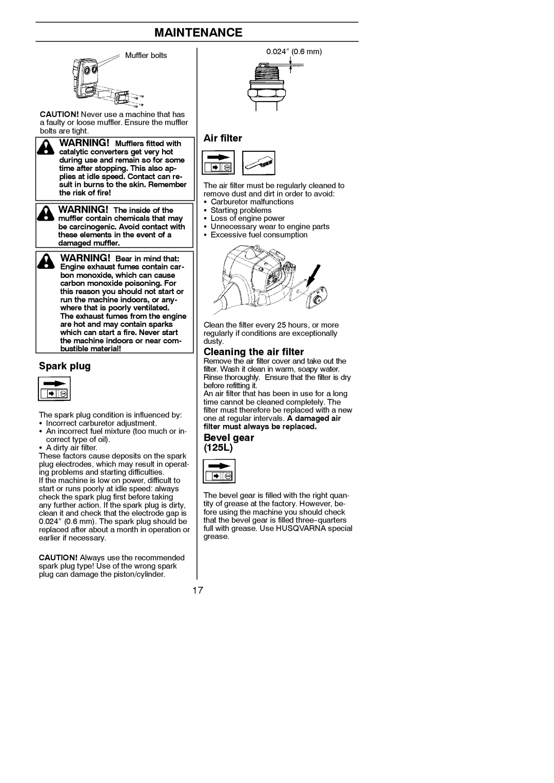 Husqvarna 125C, 125L manual Spark plug, Air filter, Cleaning the air filter, Bevel gear 125L 