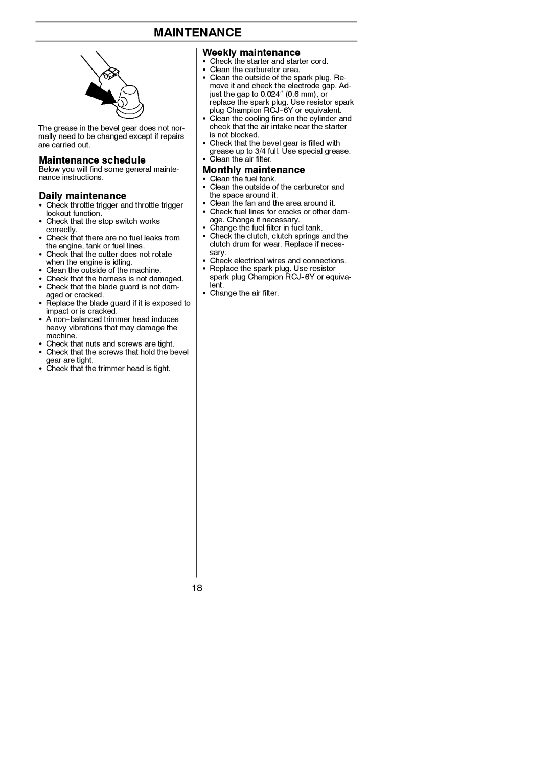 Husqvarna 125C, 125L manual Maintenance schedule, Daily maintenance, Weekly maintenance, Monthly maintenance 