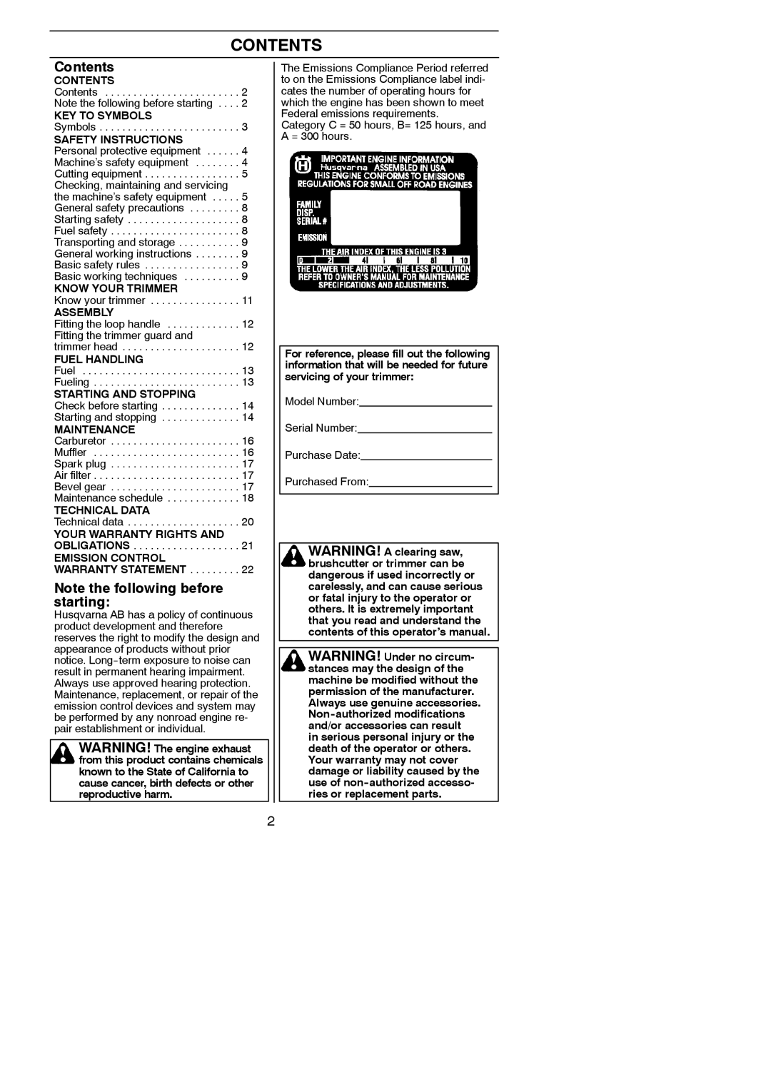 Husqvarna 125C, 125L manual Contents 