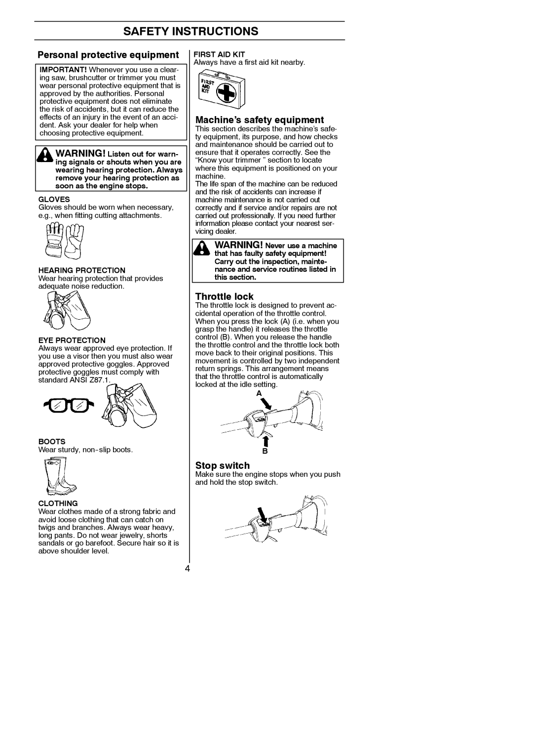 Husqvarna 125C, 125L manual Safety Instructions, Personal protective equipment, Machine’s safety equipment, Throttle lock 