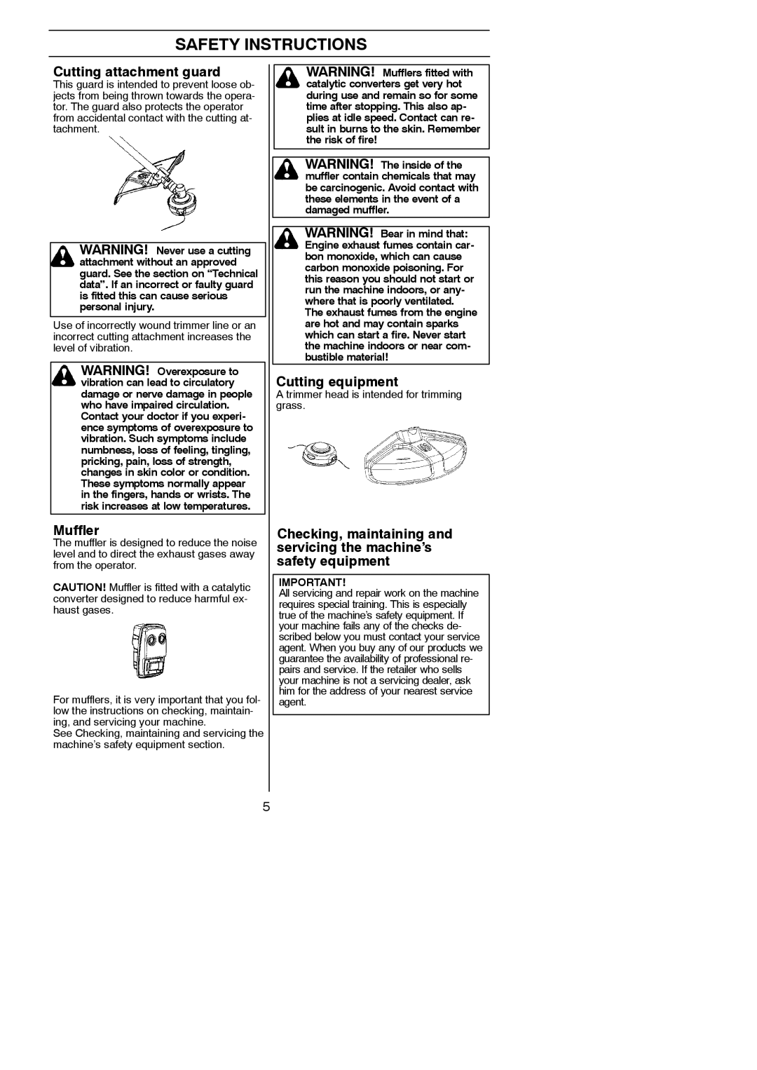 Husqvarna 125C manual Cutting attachment guard, Muffler, Cutting equipment, Trimmer head is intended for trimming grass 