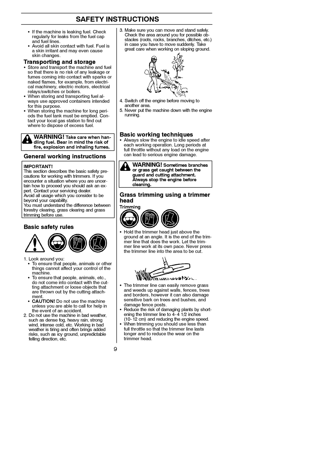 Husqvarna 125C manual Transporting and storage, General working instructions, Basic safety rules, Basic working techniques 