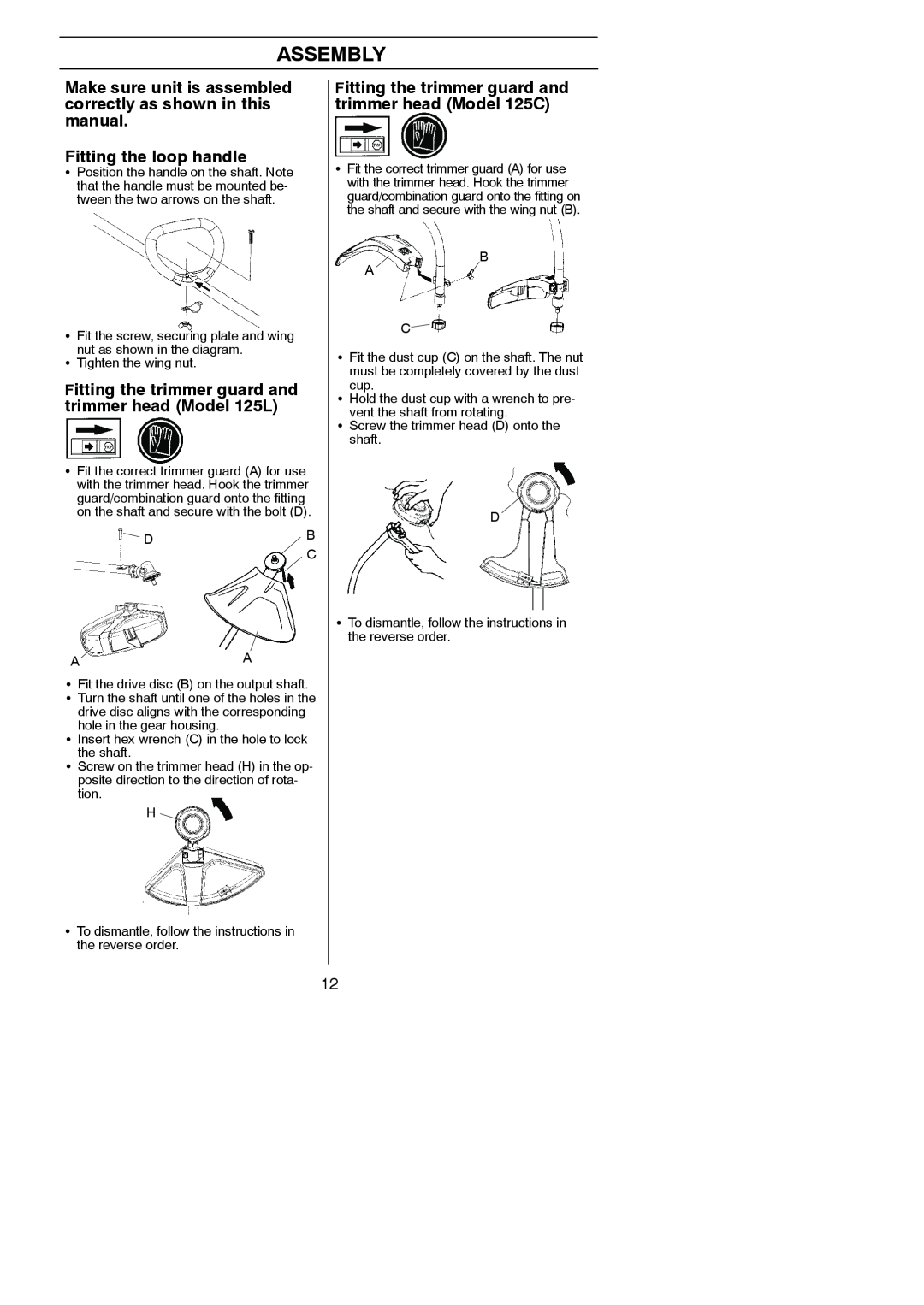 Husqvarna 125C, 125L Assembly, Make sure unit is assembled correctly as shown in this manual, Fitting the loop handle 