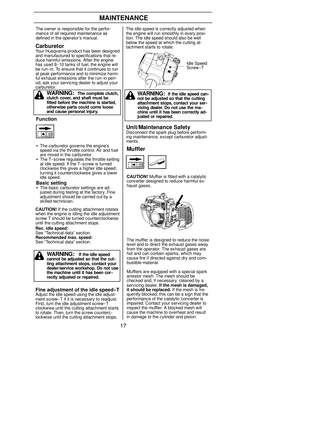 Husqvarna 125E manual Carburetor, Unit/Maintenance Safety, Muffler 