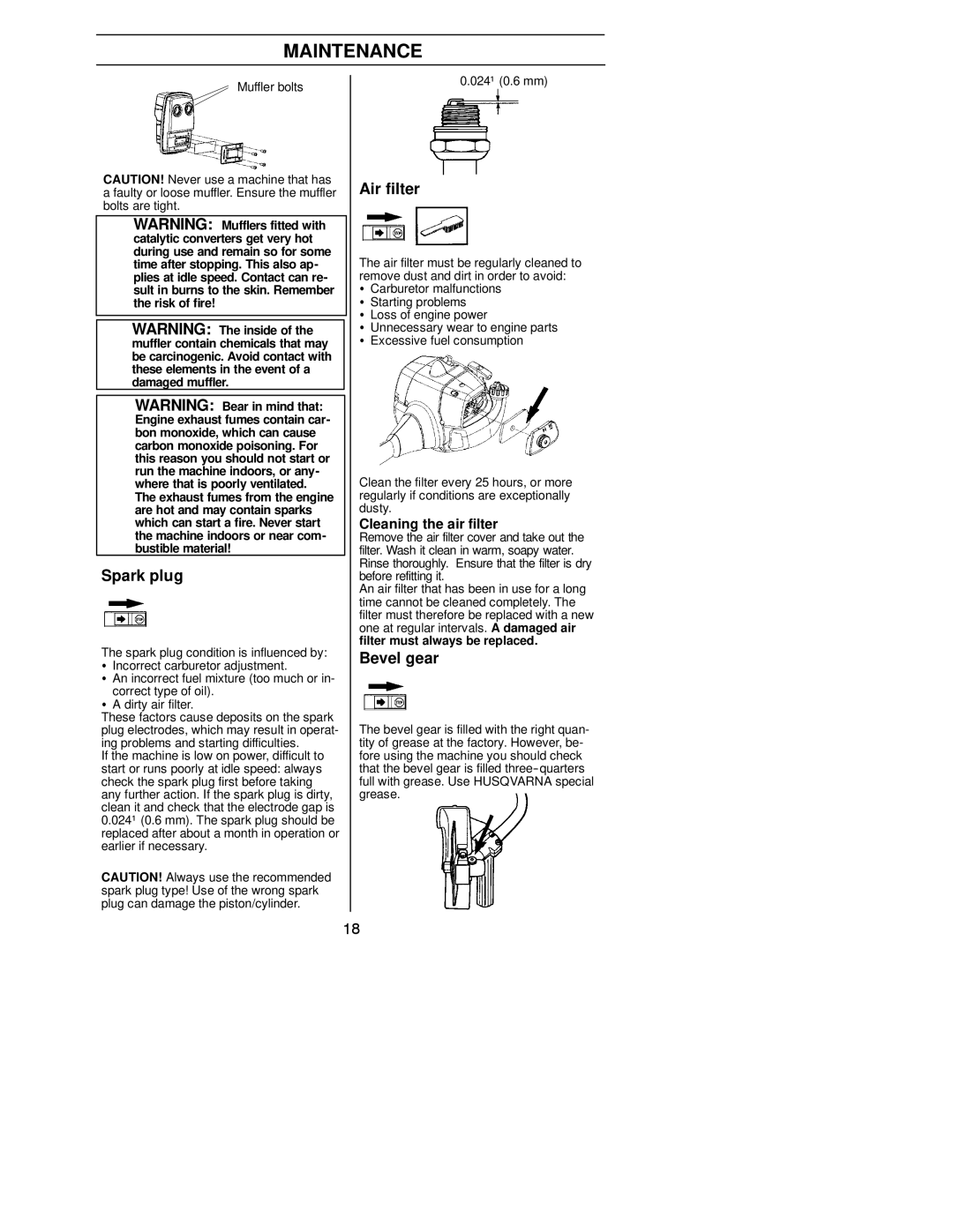 Husqvarna 125E manual Spark plug, Air filter, Bevel gear, Cleaning the air filter 