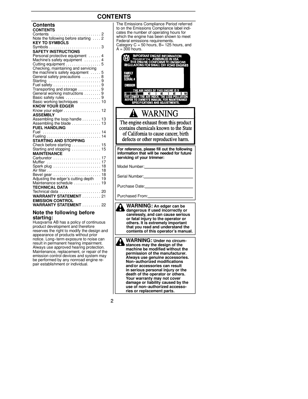 Husqvarna 125E manual Contents 