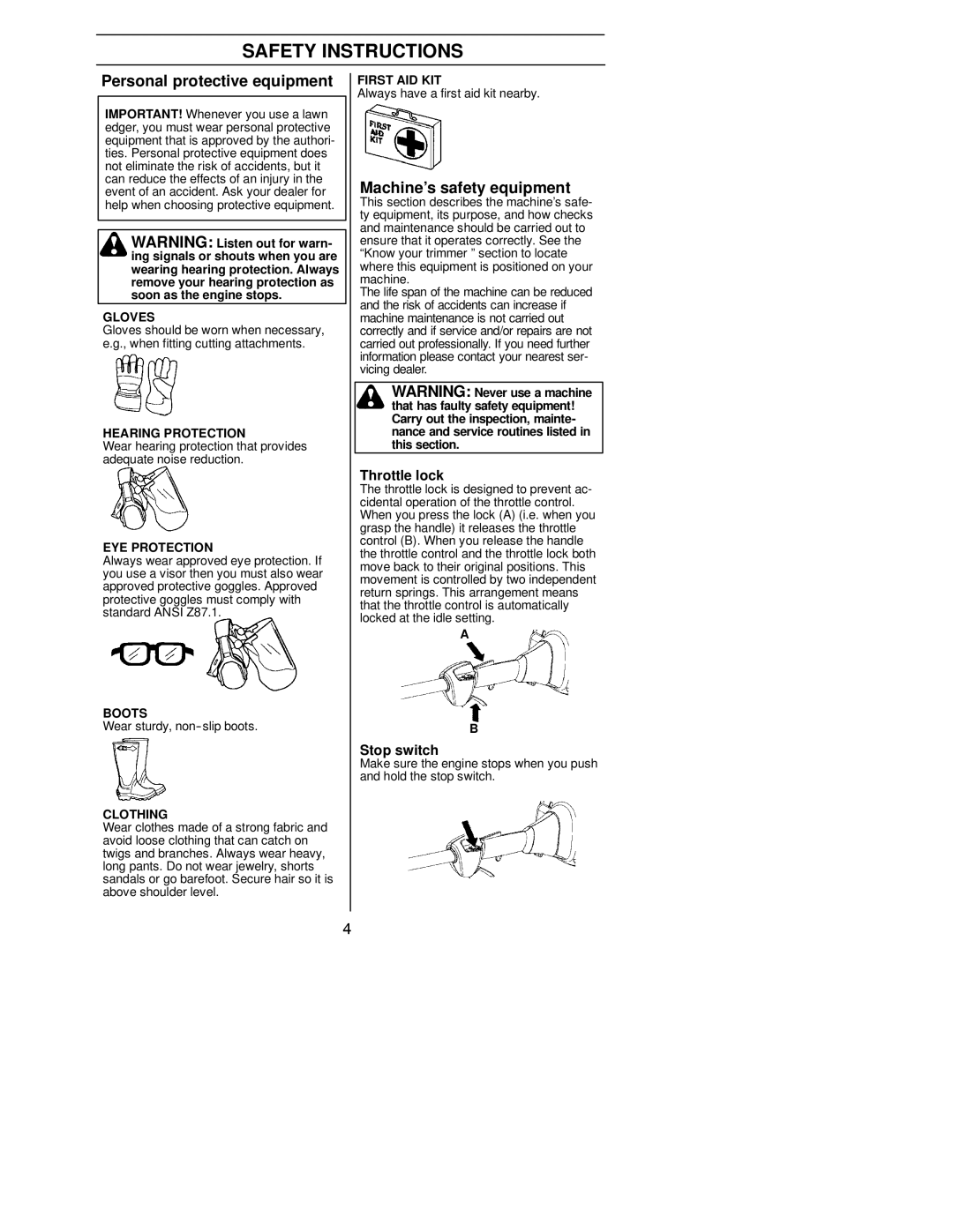 Husqvarna 125E Safety Instructions, Personal protective equipment, Machine’s safety equipment, Throttle lock, Stop switch 