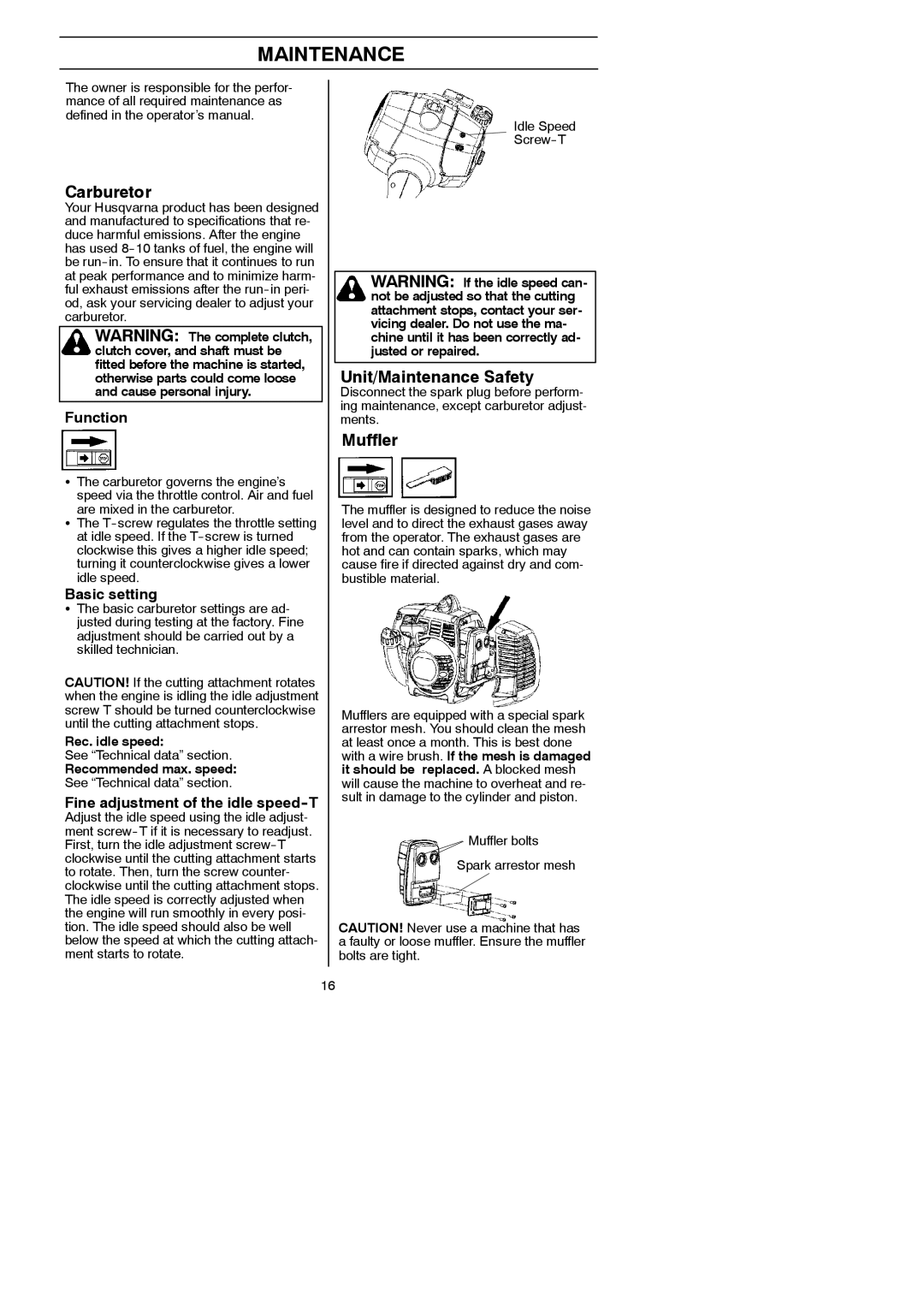 Husqvarna 125LDx manual Carburetor, Unit/Maintenance Safety, Muffler 