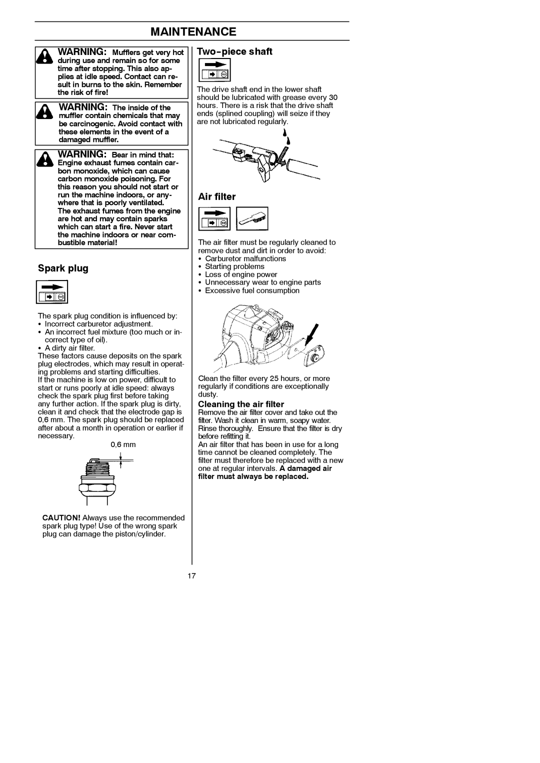 Husqvarna 125LDx manual Spark plug, Two--piece shaft, Air filter, Cleaning the air filter, Loss of engine power 