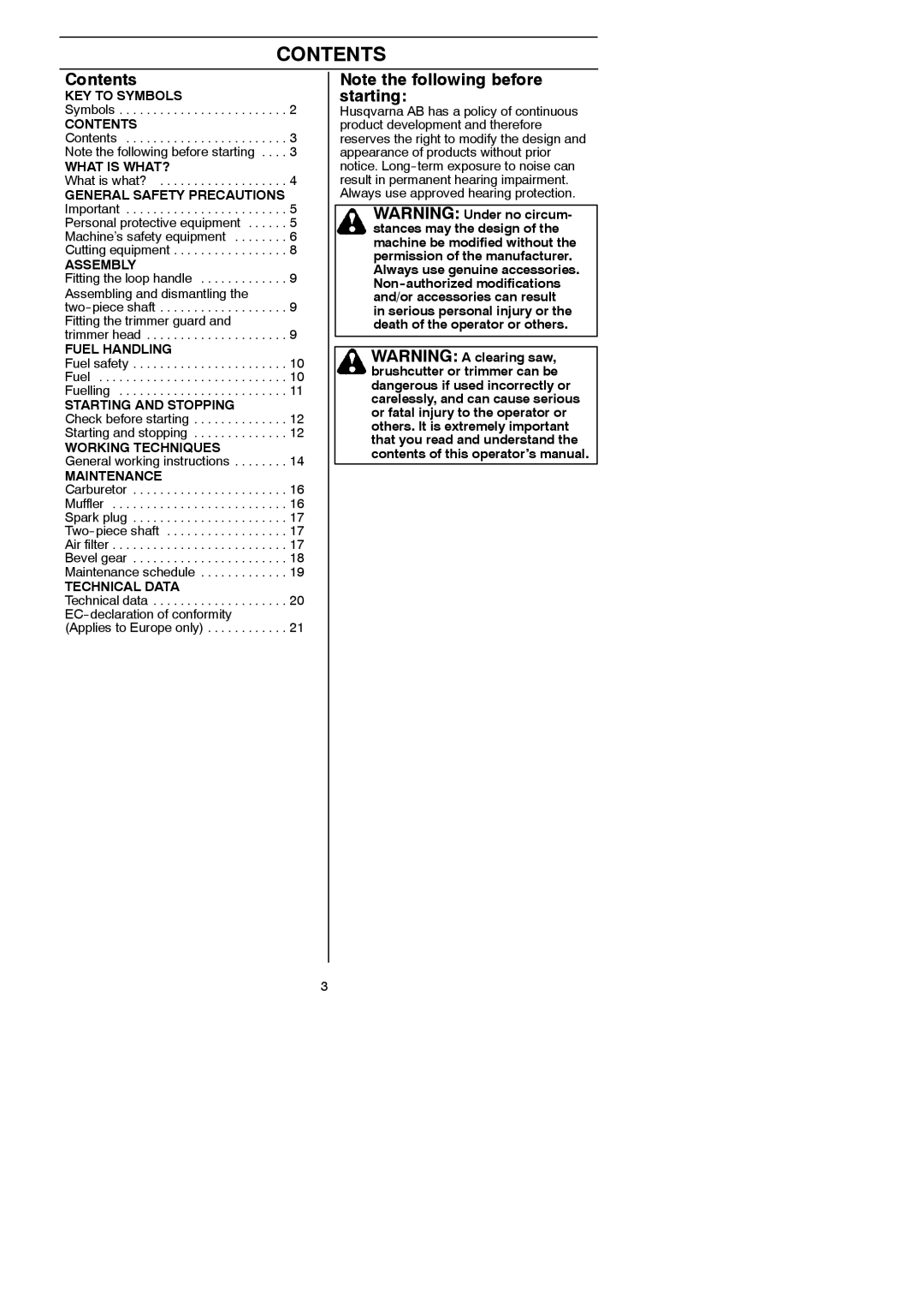 Husqvarna 125LDx manual Contents 