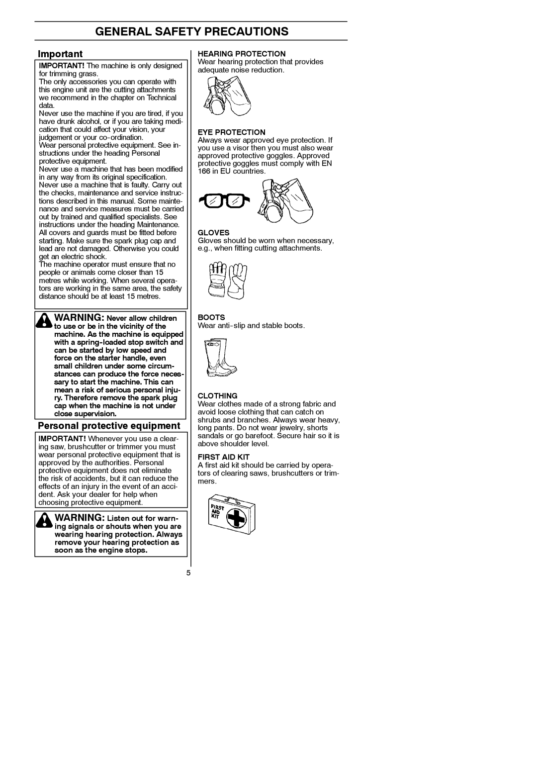 Husqvarna 125LDx manual General Safety Precautions, Personal protective equipment, Wear anti--slip and stable boots 