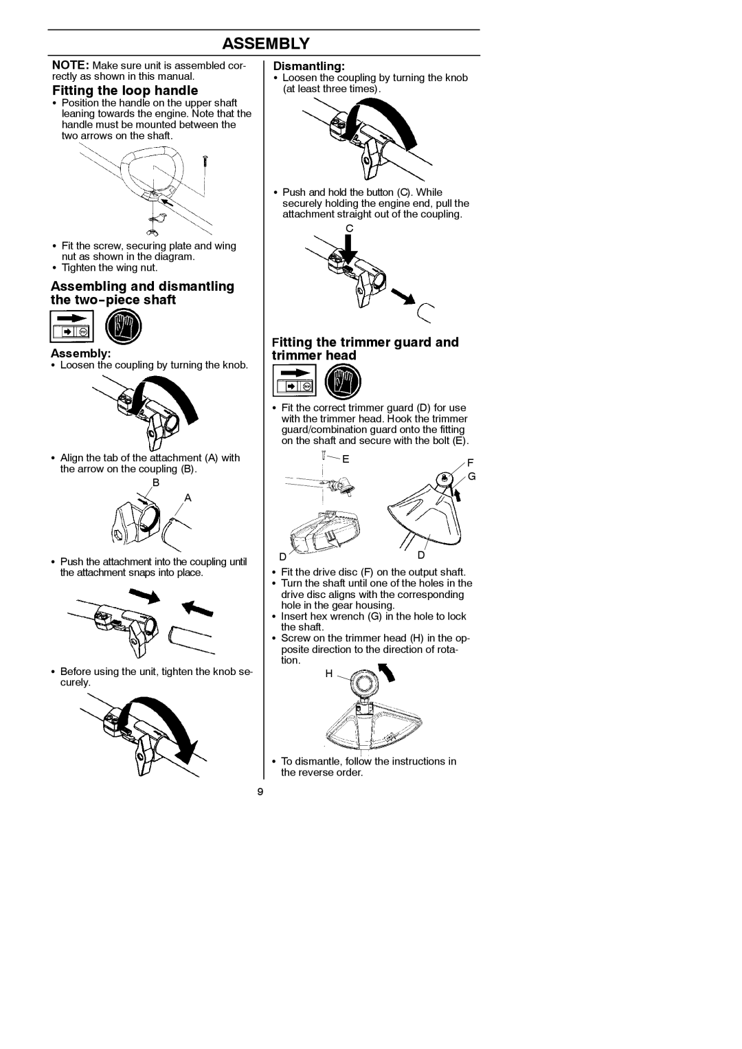 Husqvarna 125LDx manual Assembly, Fitting the loop handle, Assembling and dismantling the two--piece shaft 