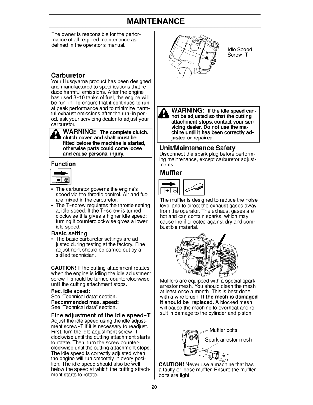 Husqvarna 125R manual Carburetor, Unit/Maintenance Safety, Muffler 