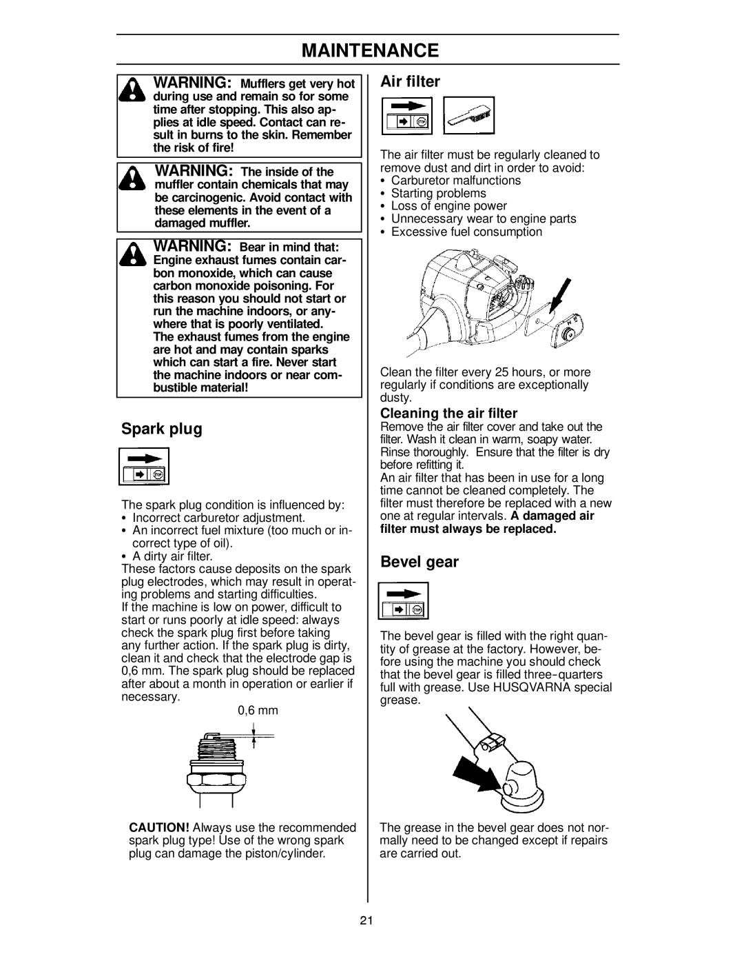 Husqvarna 125R manual Spark plug, Air filter, Bevel gear, Cleaning the air filter, Loss of engine power 