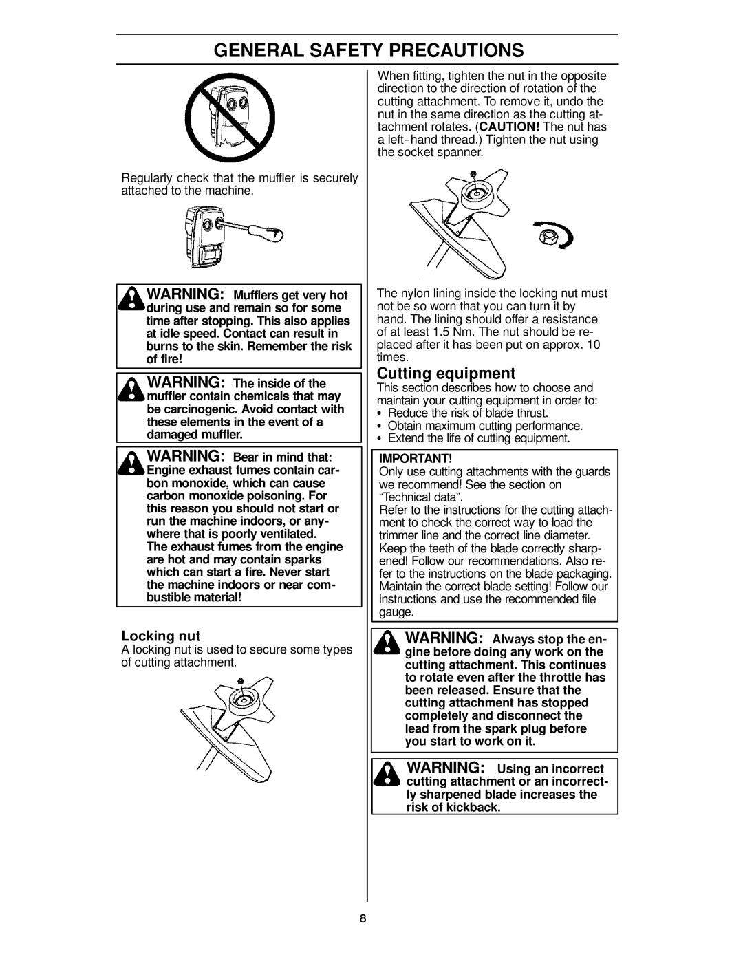 Husqvarna 125R manual Cutting equipment, Locking nut, Reduce the risk of blade thrust 