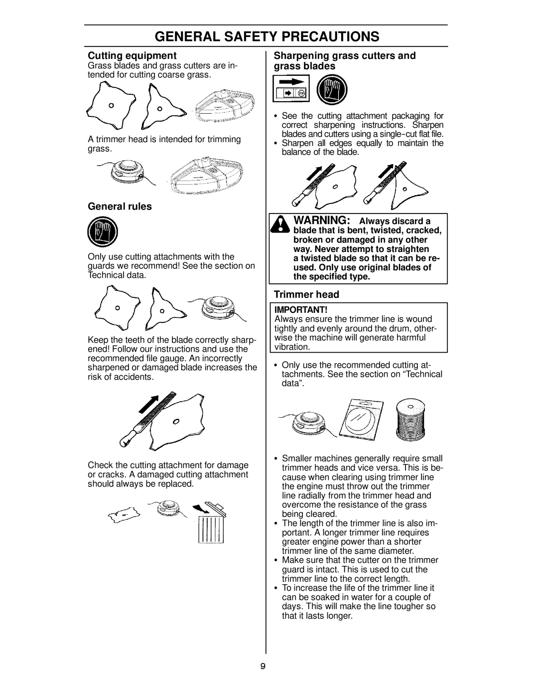 Husqvarna 125R manual Cutting equipment, Sharpening grass cutters and grass blades, General rules, Trimmer head 
