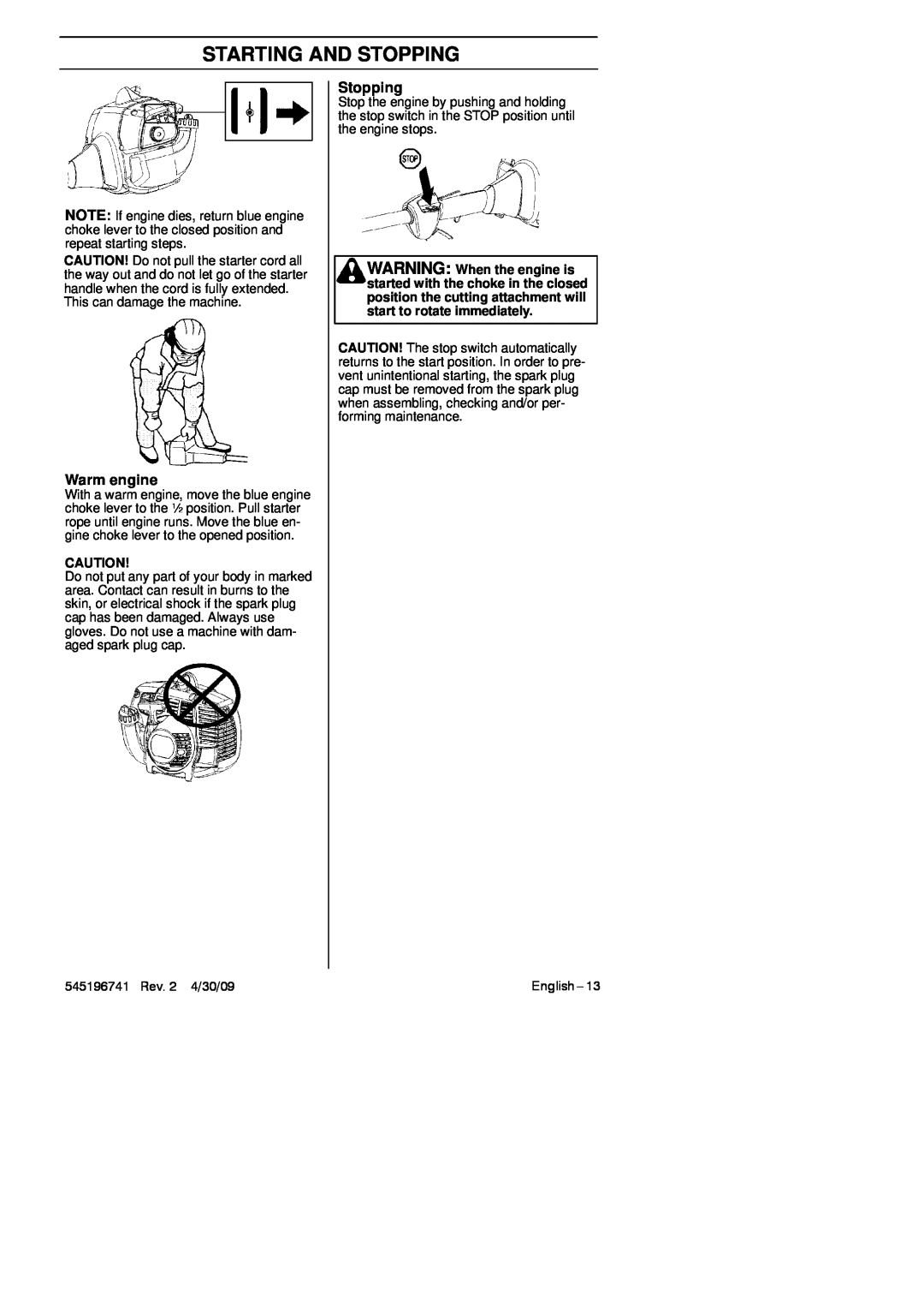 Husqvarna 128L, 128C manual Warm engine, Starting And Stopping 