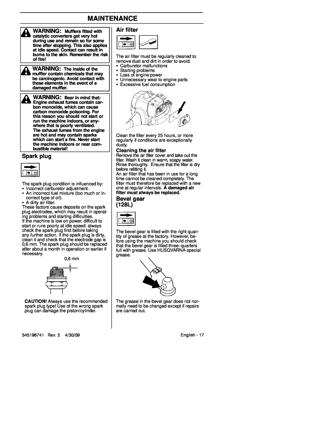 Husqvarna 128C manual Spark plug, Air filter, Bevel gear 128L, Cleaning the air filter, Maintenance 