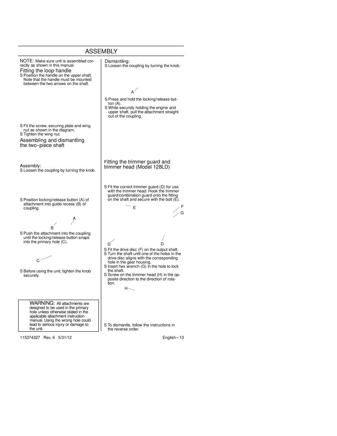 Husqvarna 128LD, 128CD manual Assembly, Fitting the loop handle, Assembling and dismantling the two--piece shaft 