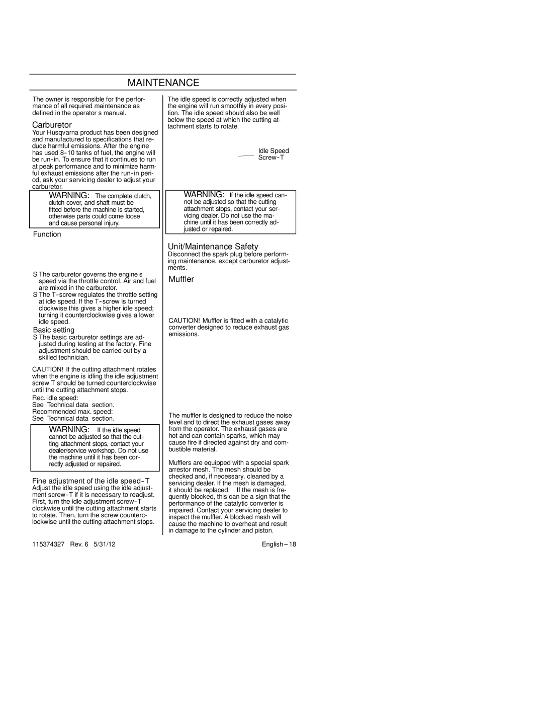Husqvarna 128CD, 128LD manual Carburetor, Unit/Maintenance Safety, Muffler 