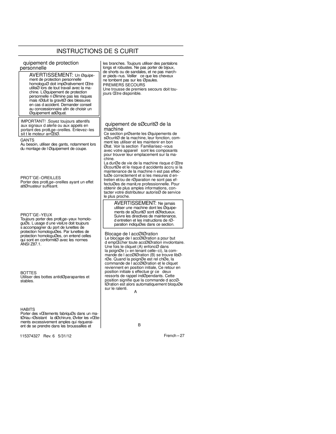 Husqvarna 128CD, 128LD manual Instructions DE Sécurité, Équipement de sécurité de la machine, Blocage de l’accélération 