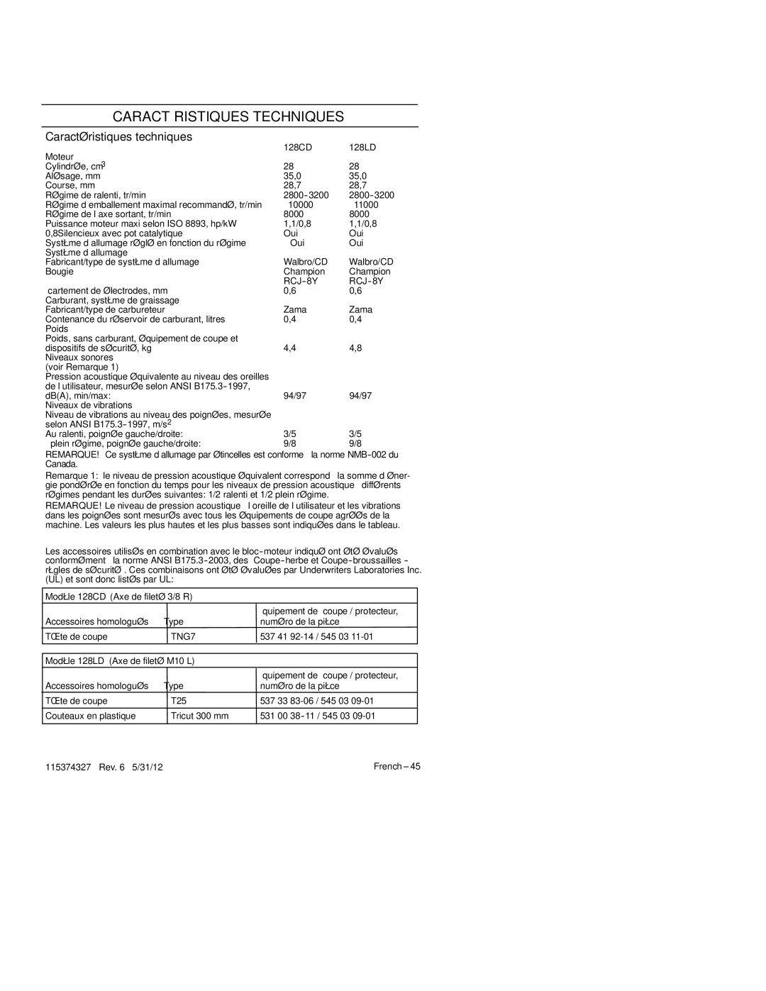 Husqvarna 128CD, 128LD manual Caractéristiques Techniques, Caractéristiques techniques 