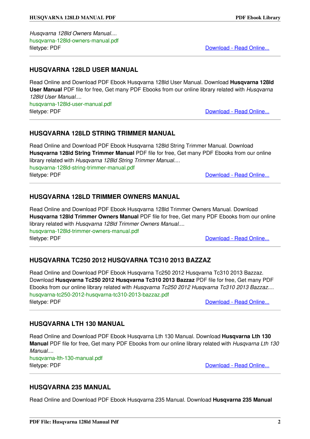 Husqvarna owner manual Husqvarna 128LD String Trimmer Manual 