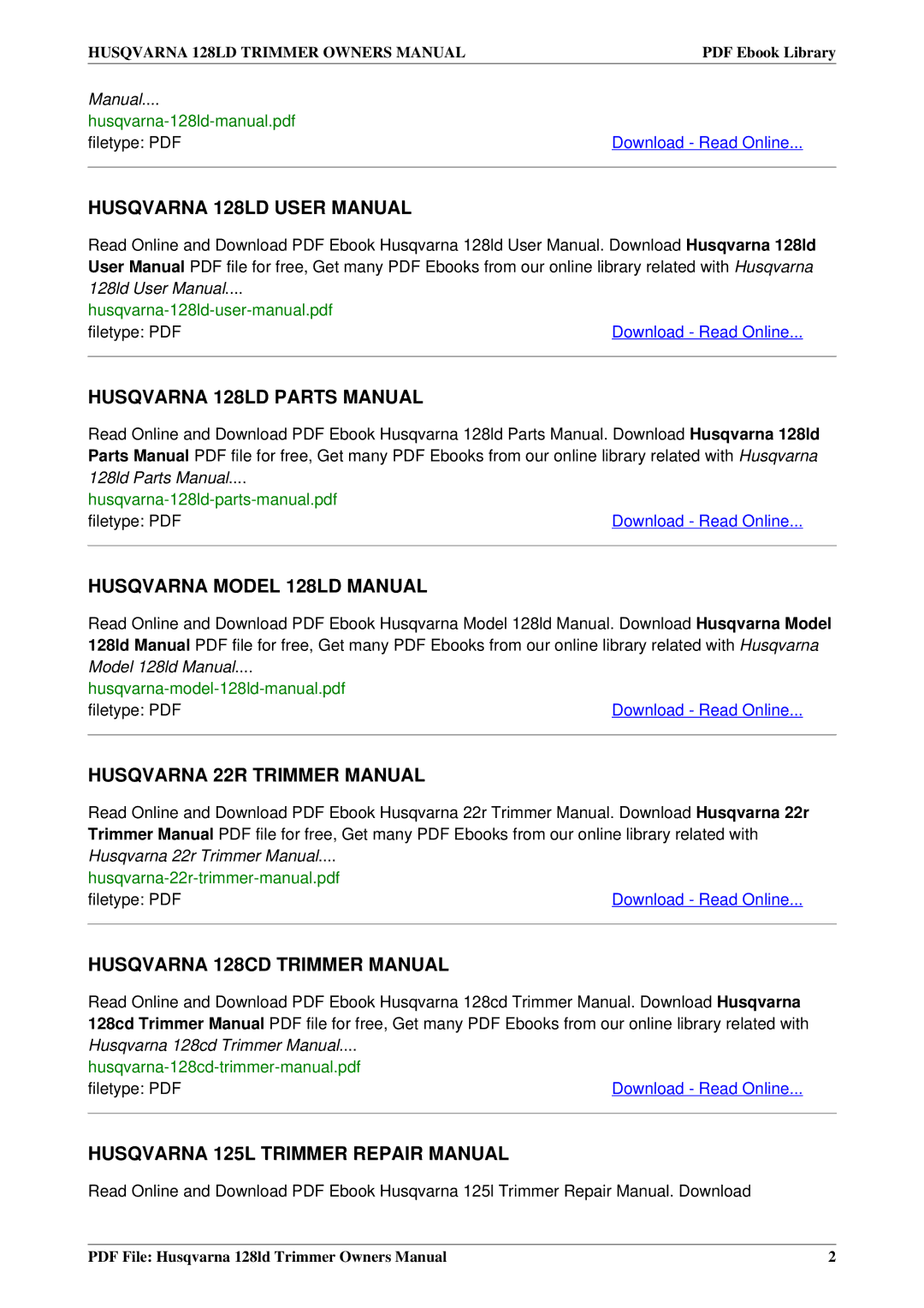 Husqvarna owner manual Husqvarna 128LD Parts Manual, Husqvarna Model 128LD Manual, Husqvarna 22R Trimmer Manual 