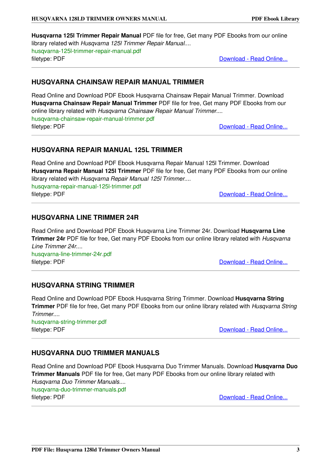 Husqvarna 128LD Husqvarna Chainsaw Repair Manual Trimmer, Husqvarna Repair Manual 125L Trimmer, Husqvarna Line Trimmer 24R 