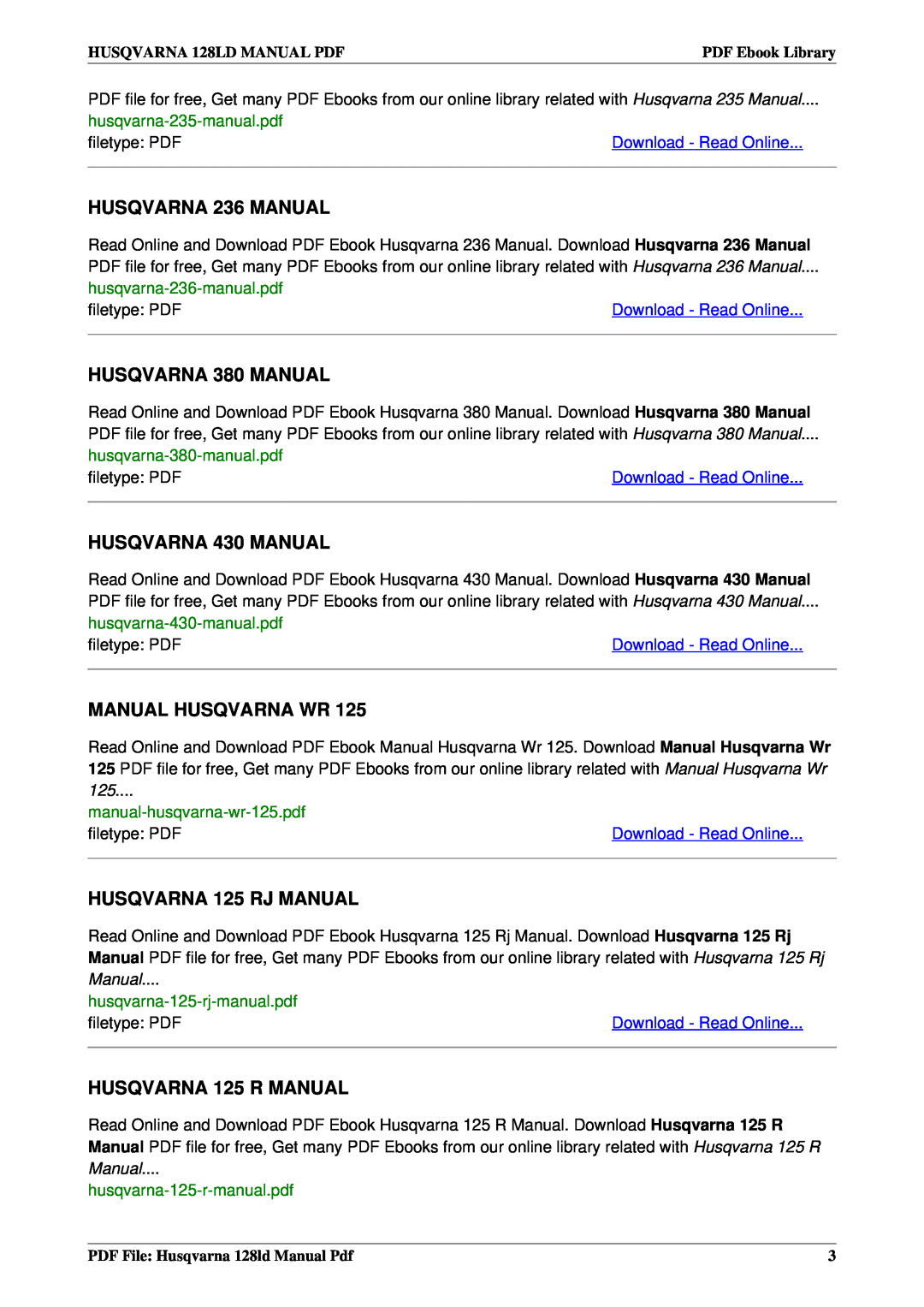 Husqvarna 128LD HUSQVARNA 236 MANUAL, HUSQVARNA 380 MANUAL, HUSQVARNA 430 MANUAL, Manual Husqvarna Wr, filetype: PDF 